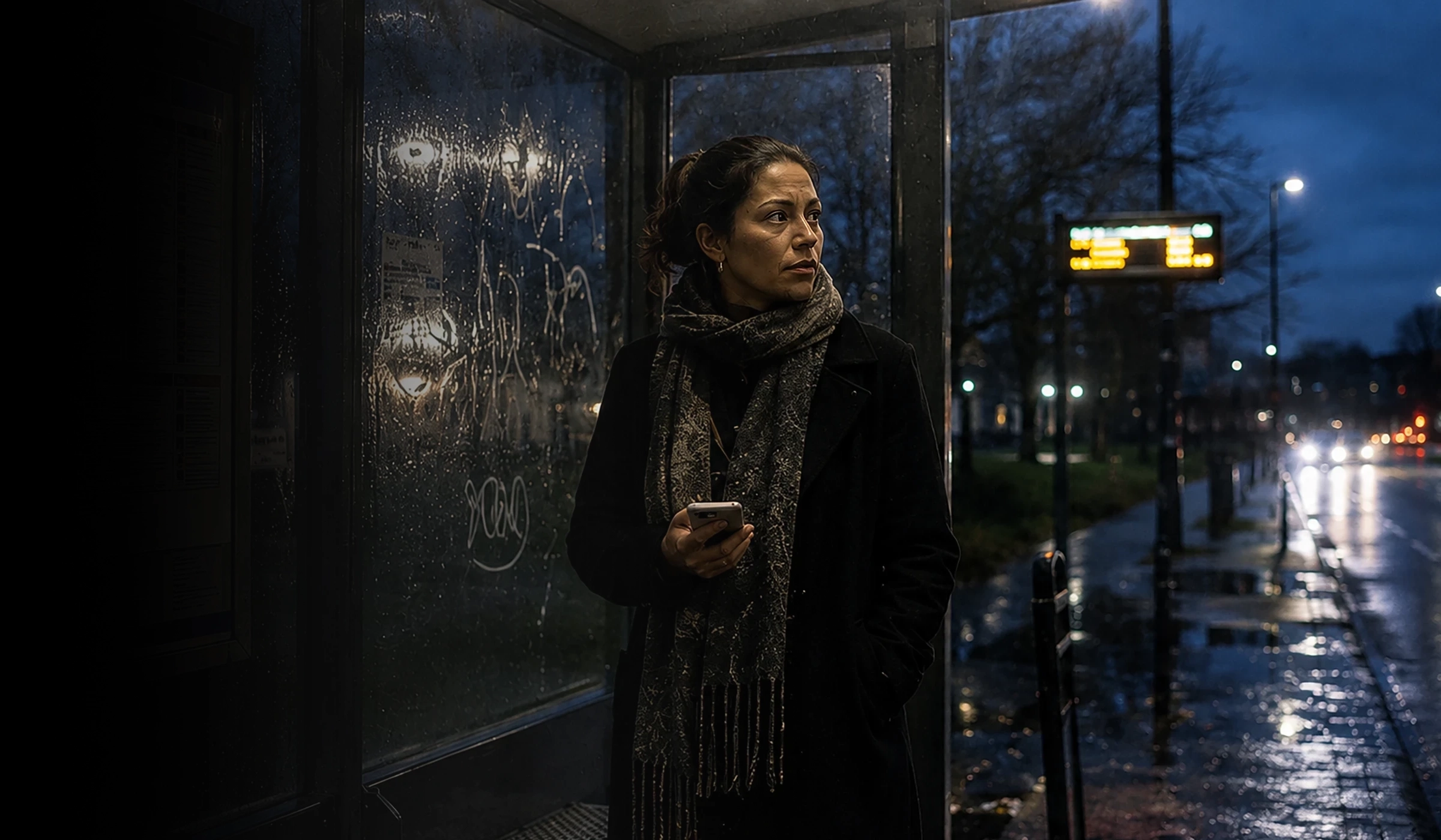 Woman at a bus stop in public space