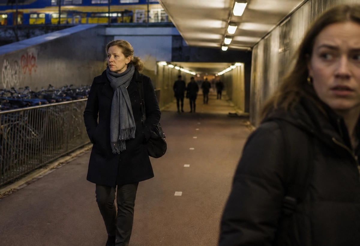 Vrouw in de openbare ruimte in de avond