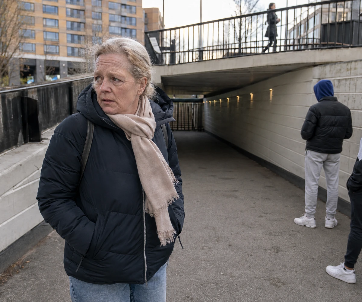 Vrouw op de fiets die alert om zich heen kijkt in de openbare ruimte