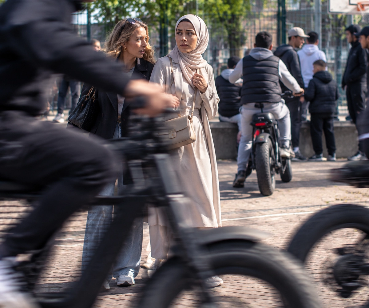 Woman cycling in public space