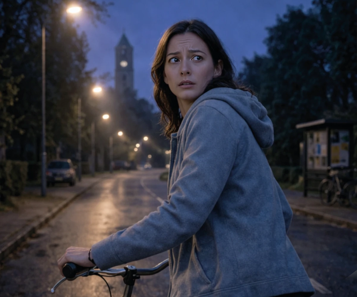 Woman cycling while looking alertly around in public space